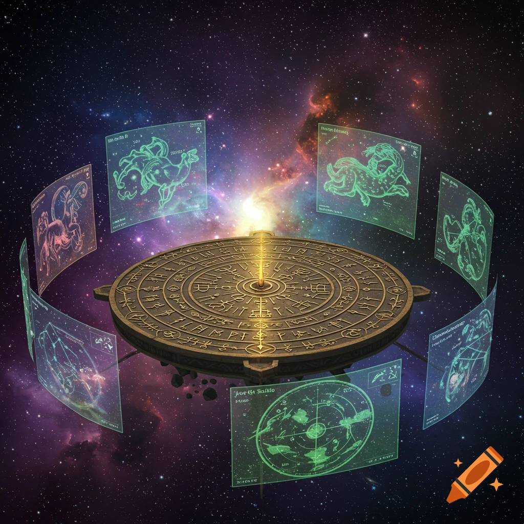 An antique celestial compass in space, surrounded by glowing screen displays of constellations.