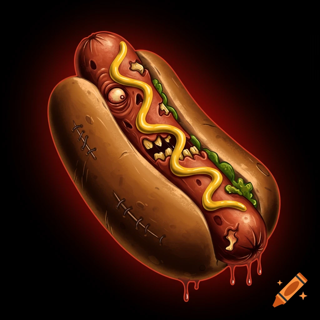 A cartoon illustration of a zombie hotdog with mustard and relish, stitches on the bun, and dripping sauce.
