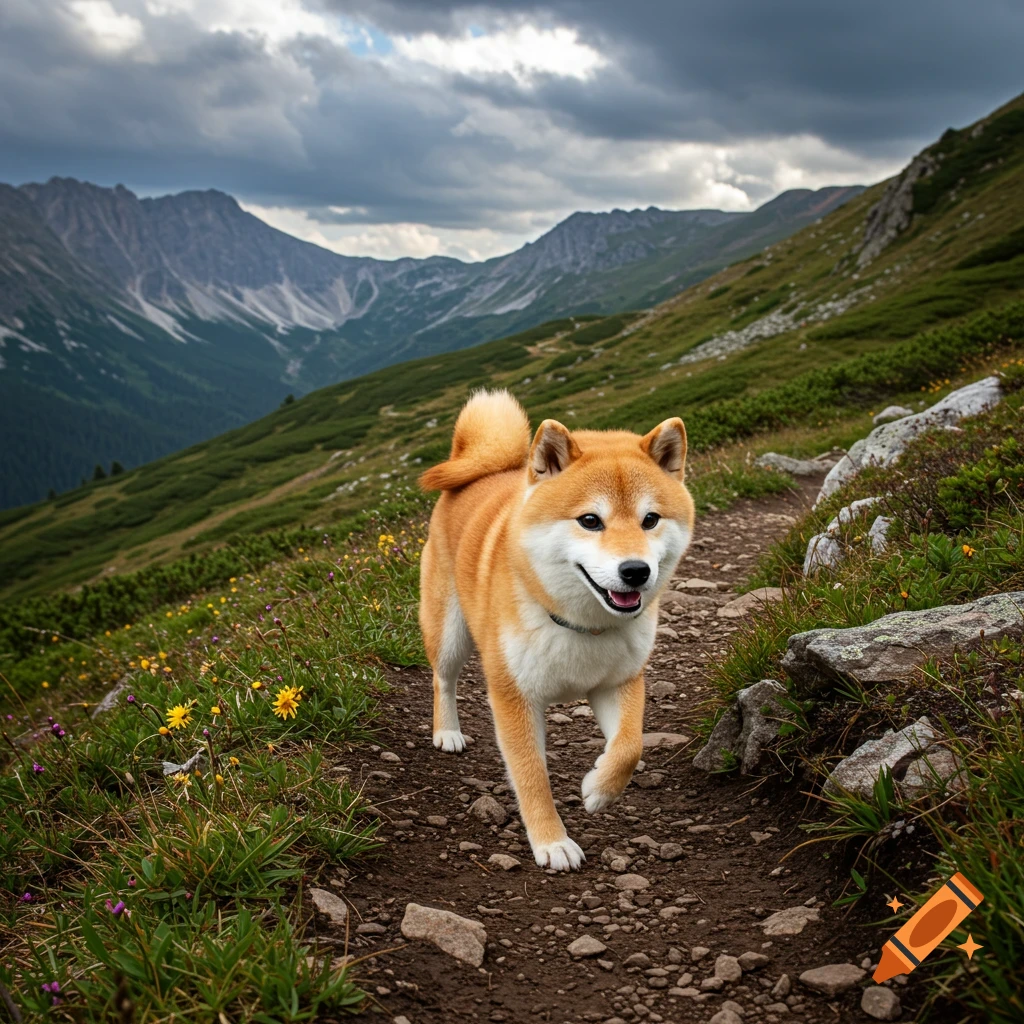 A Shiba Inu dog walks on a mountain trail under a cloudy sky. Realistic photo.