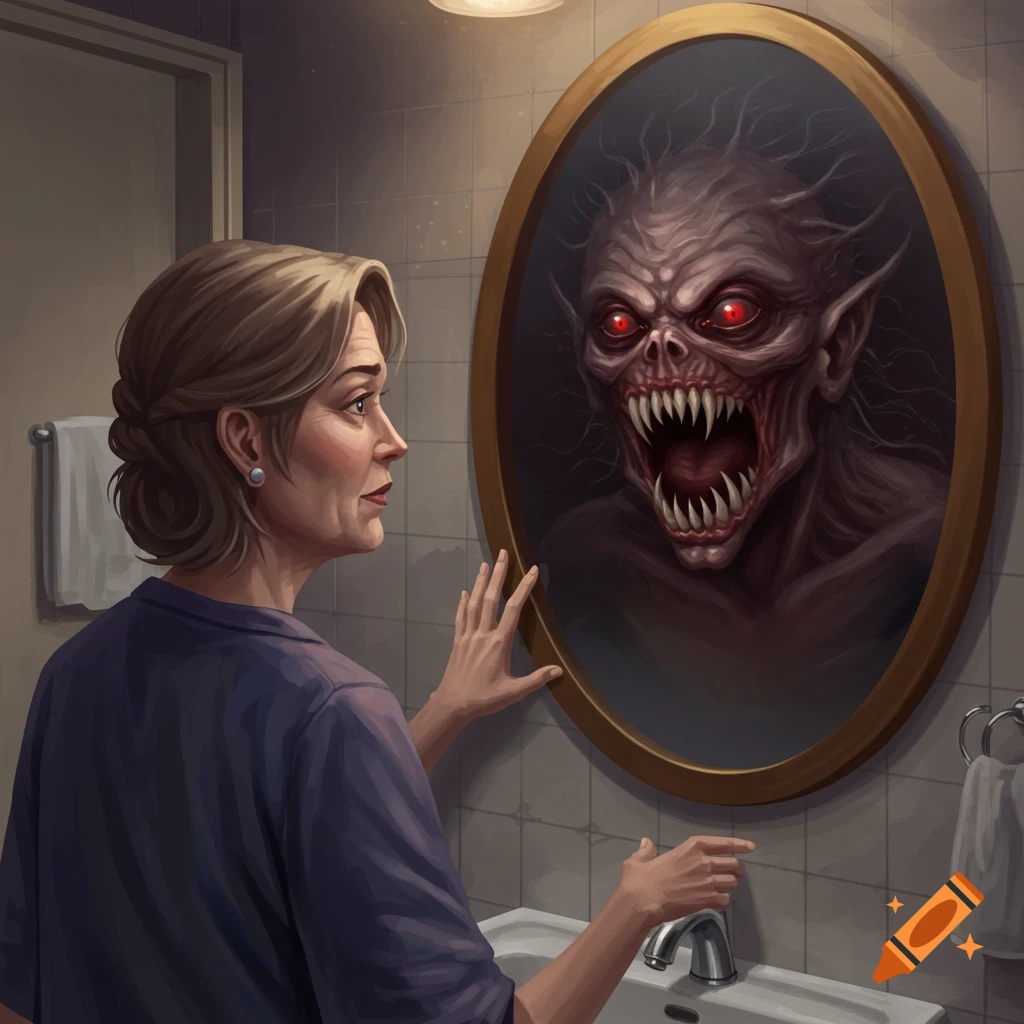 A woman sees a monstrous creature reflecting in the bathroom mirror instead of herself. Digital illustration.