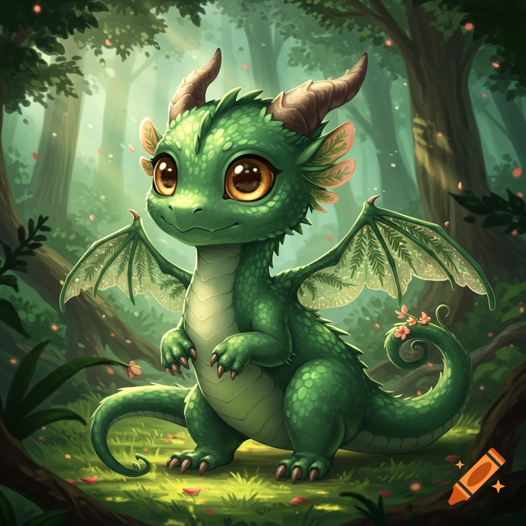 Cute green dragon sitting in a sunlit fantasy forest