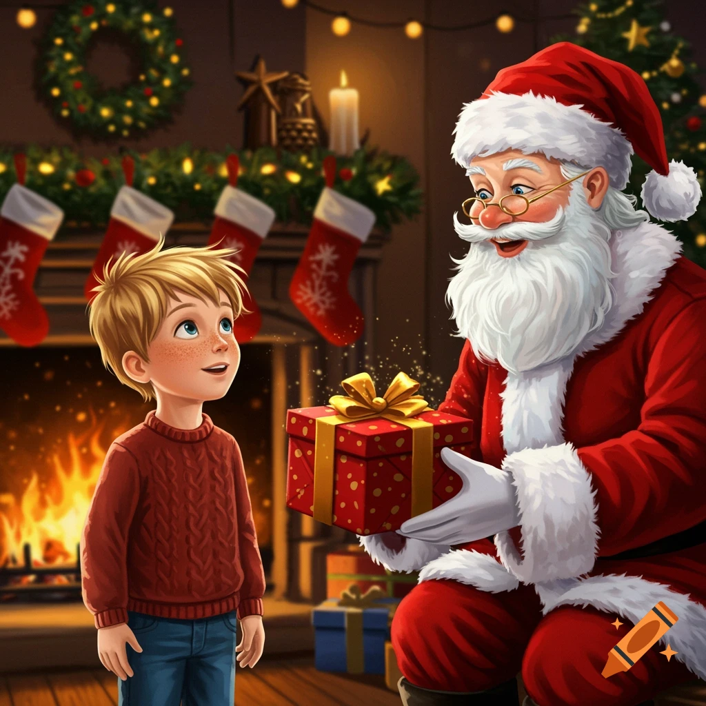 Santa gives a present to a young boy by a fireplace in a festive Christmas scene.