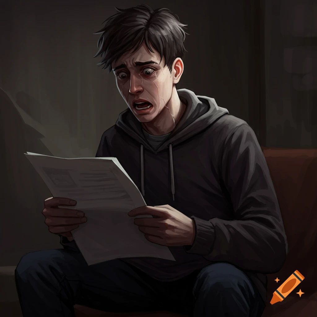 Illustration of a young man crying while reading a document with a shocked expression.