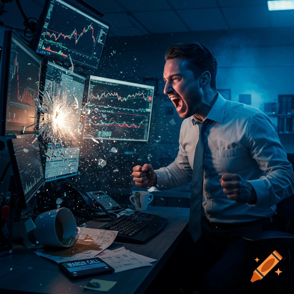 Furious stock trader screams and breaks a monitor in a chaotic office showing financial loss.