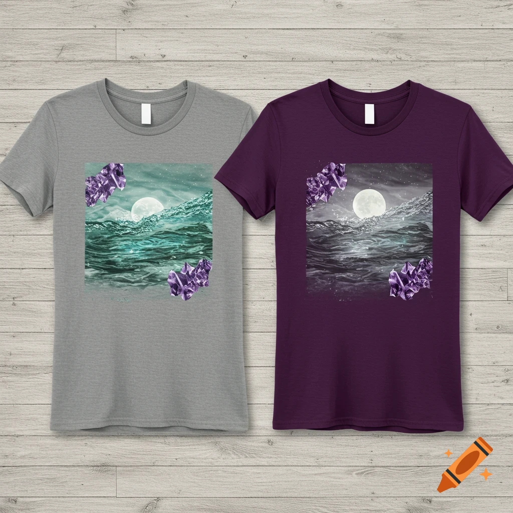 Grey and purple t-shirts with design of waves, moon, and purple crystals.