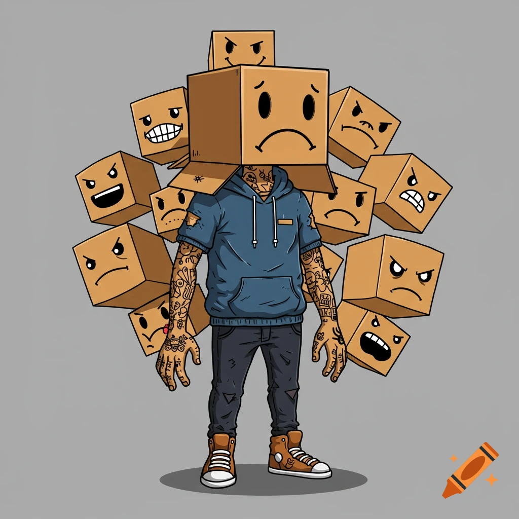 Cartoon man with a sad box head, wearing a hoodie and jeans, surrounded by boxes with happy and angry faces