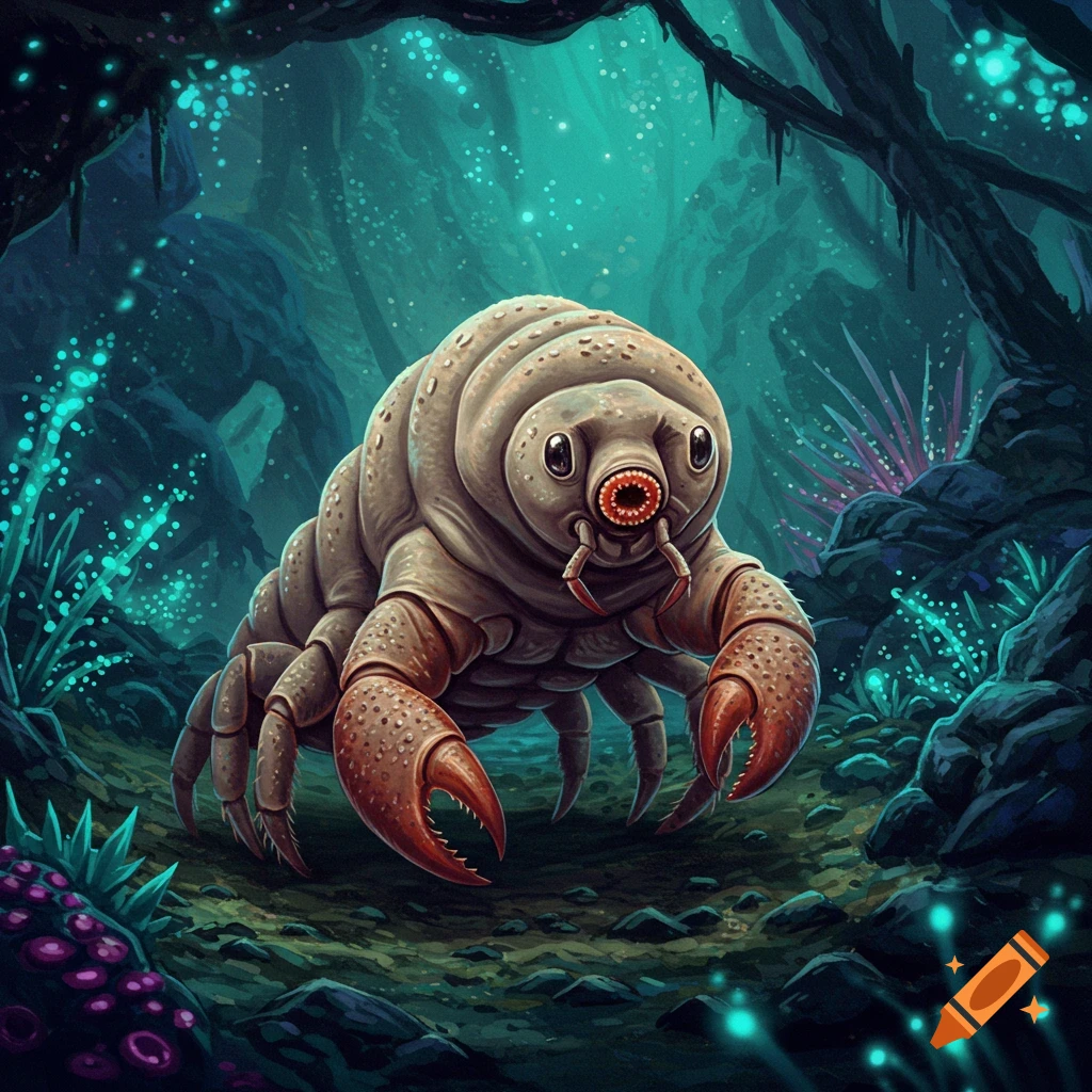 Illustrative image of a fantasy creature, a cross between a tardigrade and a crab, in a glowing cave environment.