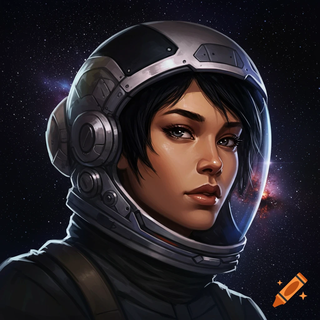 Headshot of a female astronaut wearing a helmet, looking forward, with a starry space background.