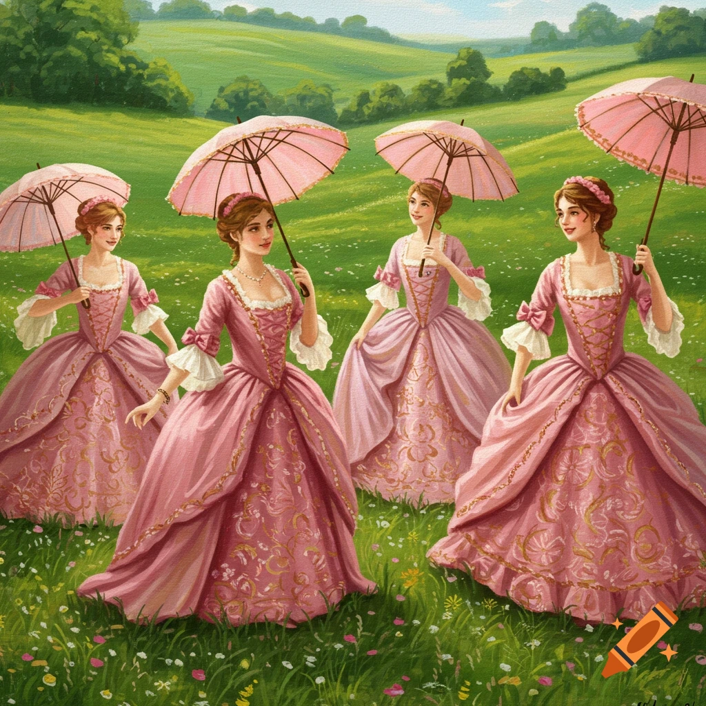 Four women in pink historical dresses with parasols in a grassy field, painted in a Renaissance style.