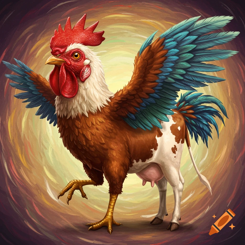 A bizarre hybrid creature with a rooster's head and front body combined with a cow's hindquarters, standing on one leg.