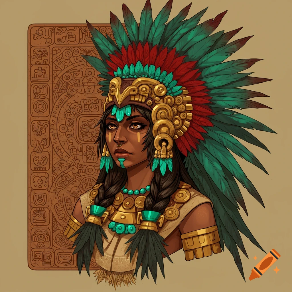 Illustration of an Aztec-inspired woman with feathered headdress and gold jewelry.