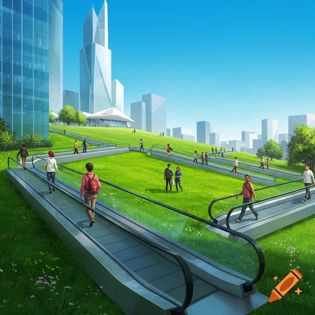 People ride moving escalators up and down a grassy hill toward modern glass buildings.