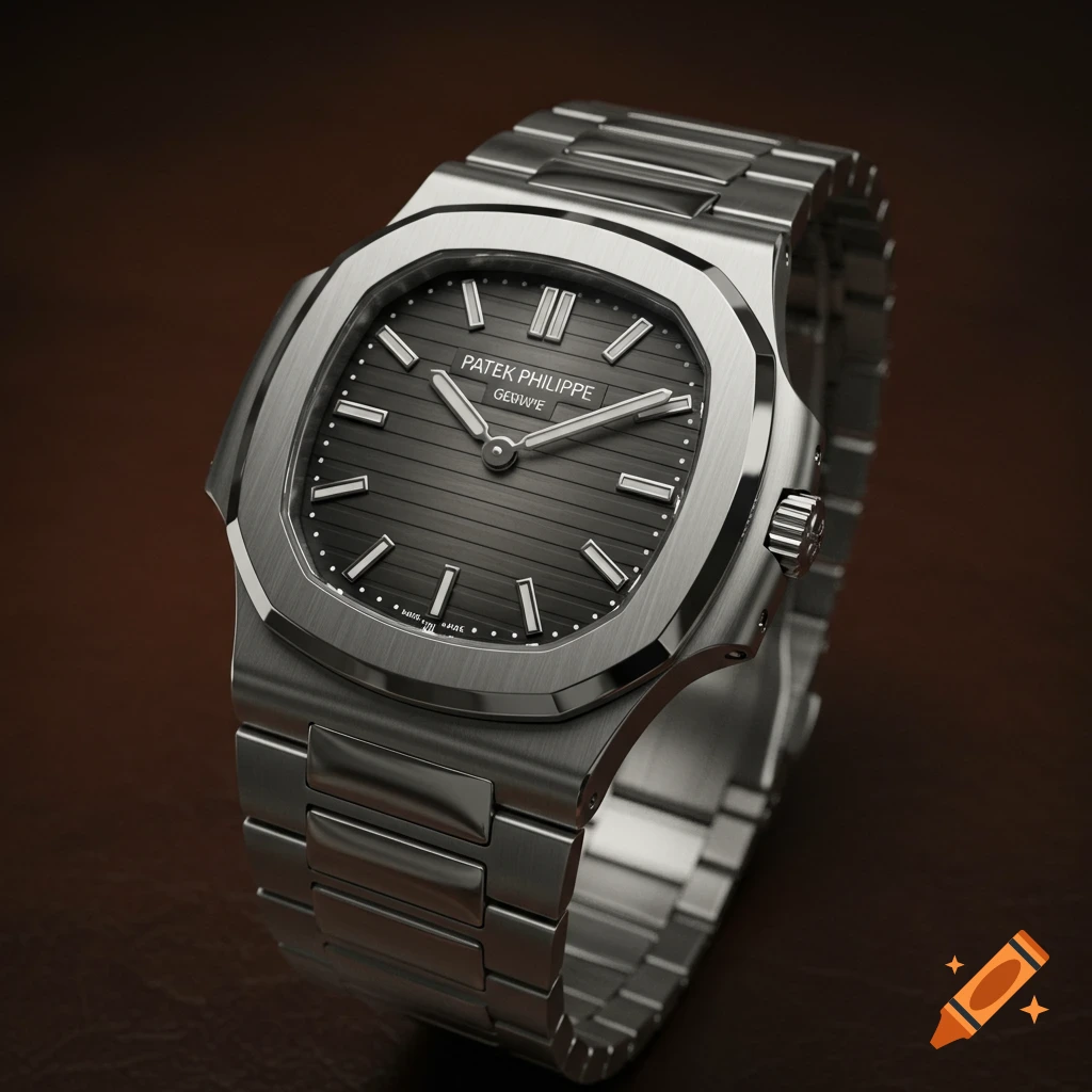 A close-up of a silver luxury watch with a dark grey textured dial.