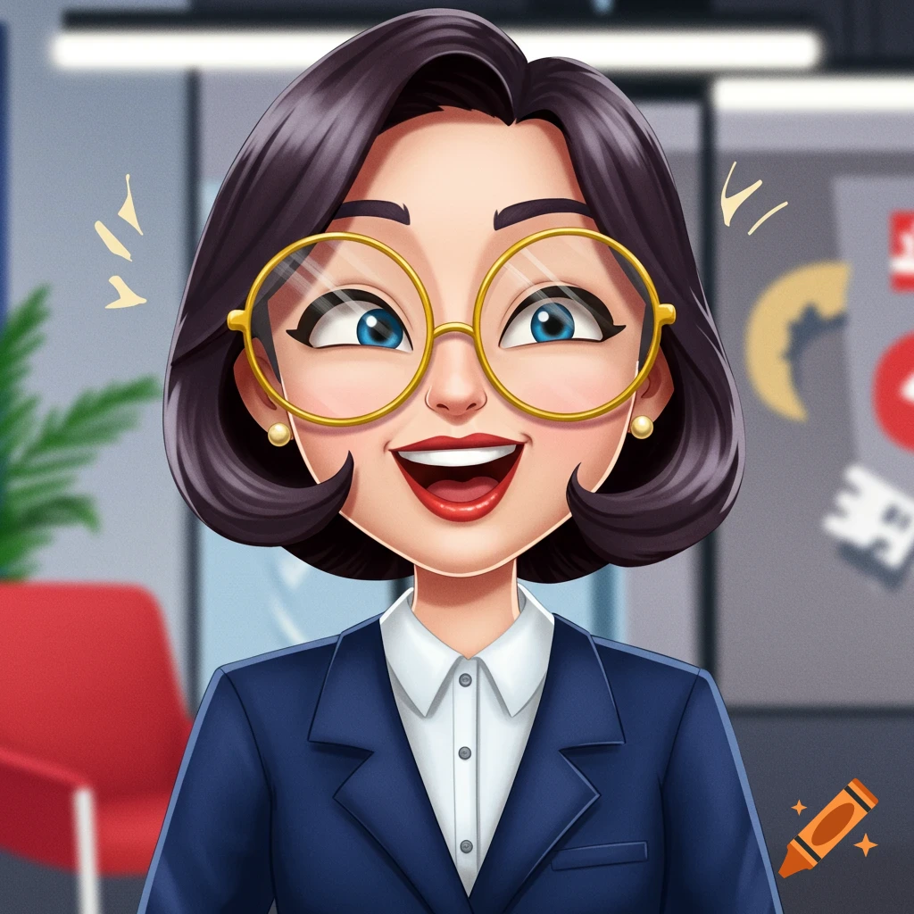 Cartoon portrait of a smiling woman in glasses and a suit