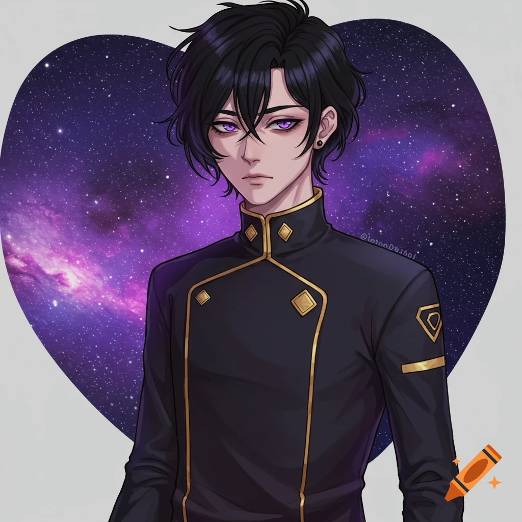 Anime portrait of a male character in a black uniform with purple eyes against a space heart background.