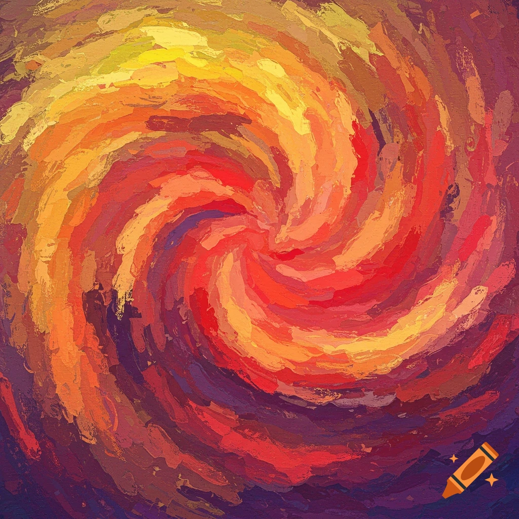 Abstract painting with swirling brushstrokes in warm colors.
