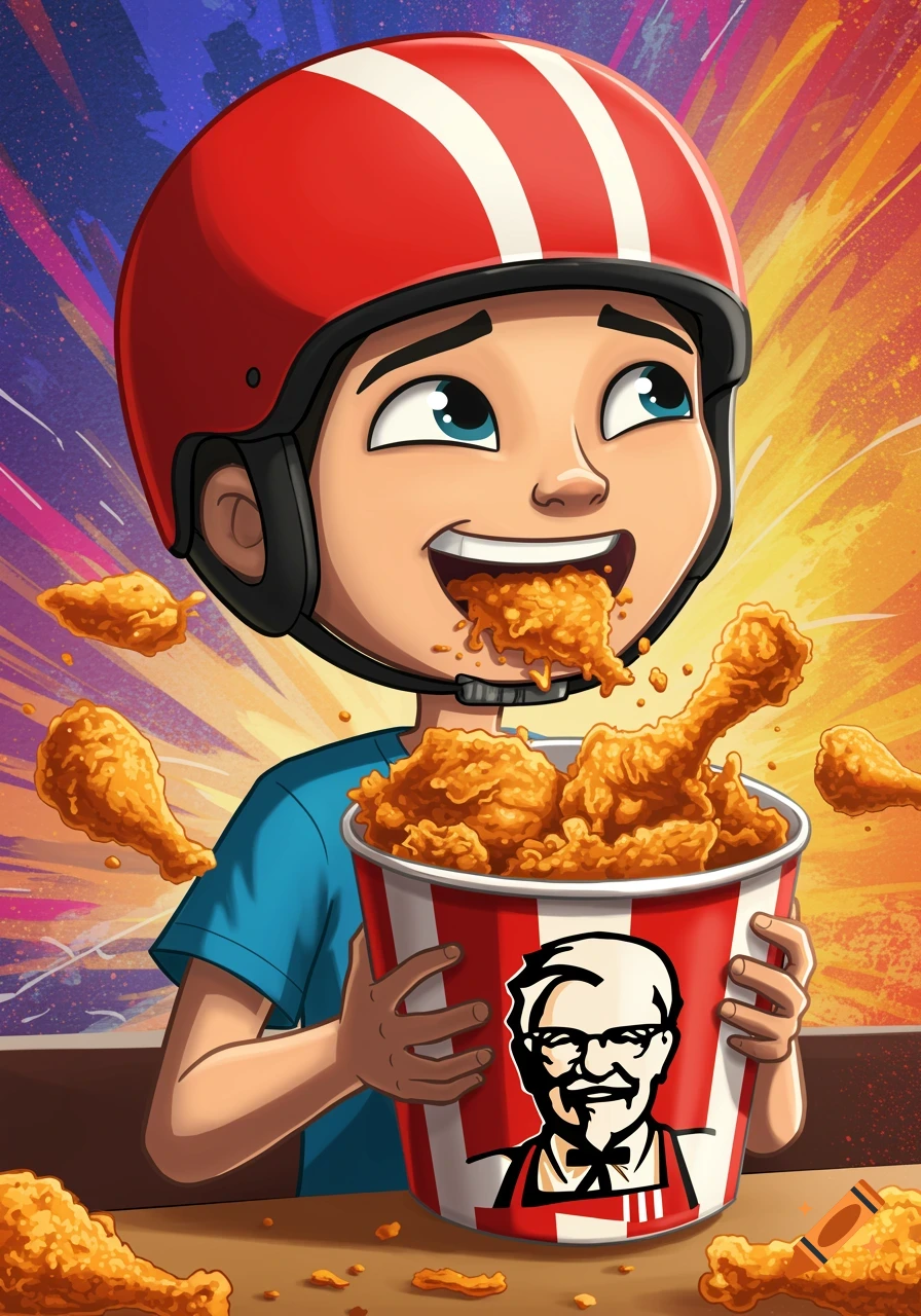 Cartoon illustration of a character in a helmet eating fried chicken from a KFC bucket.
