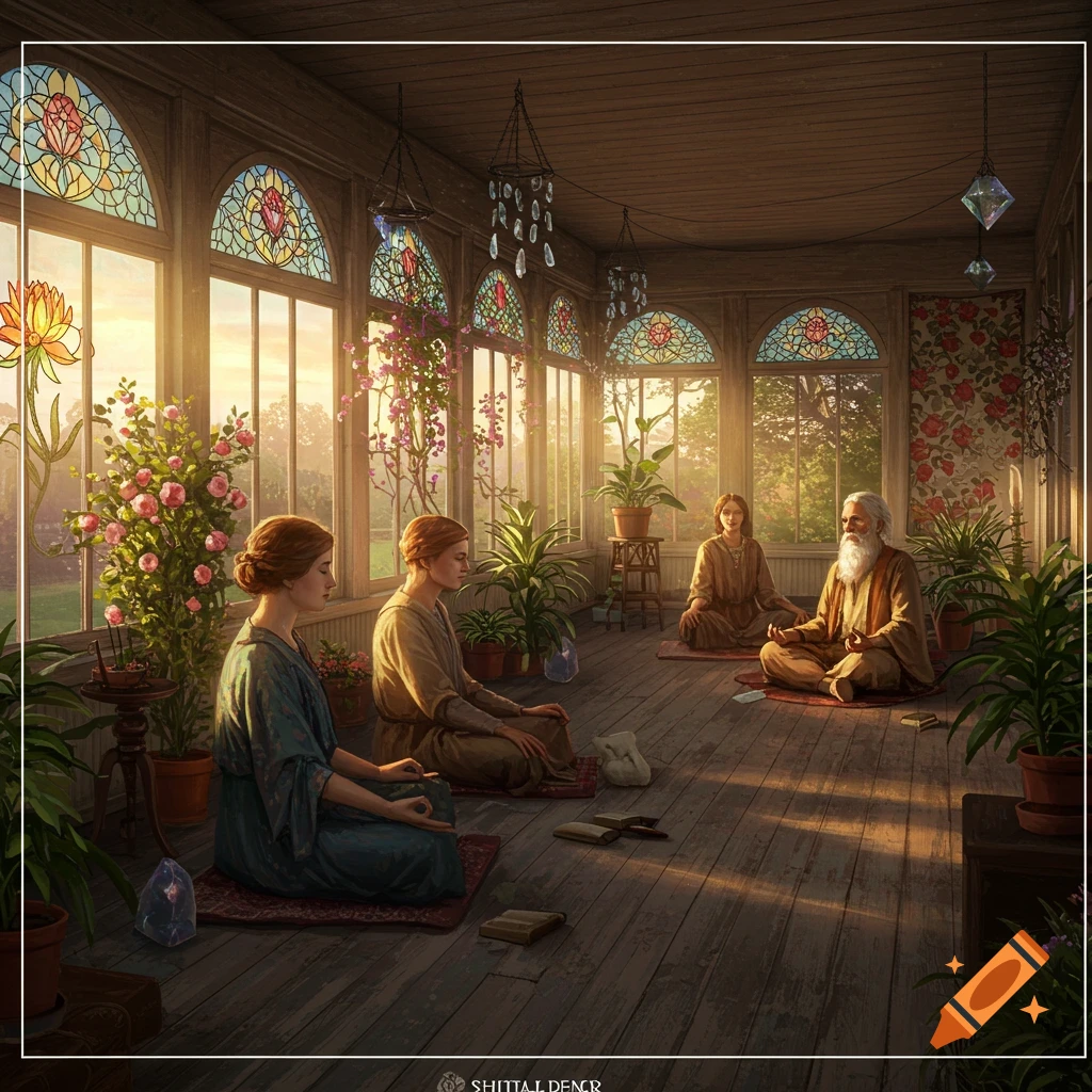 People meditating in a sun-drenched spiritual sunroom with plants and stained glass windows.