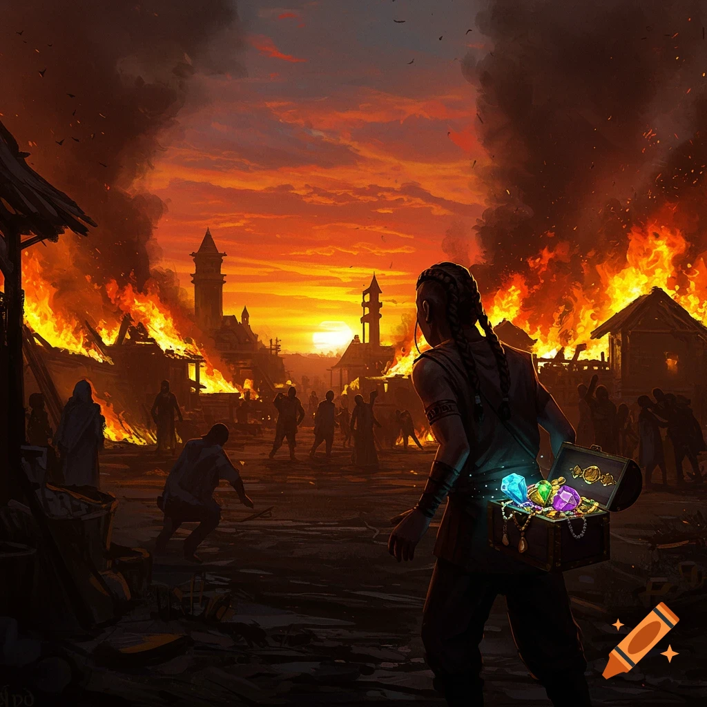 Figure carrying treasure box sneaks through a burning village at sunset, illustration.