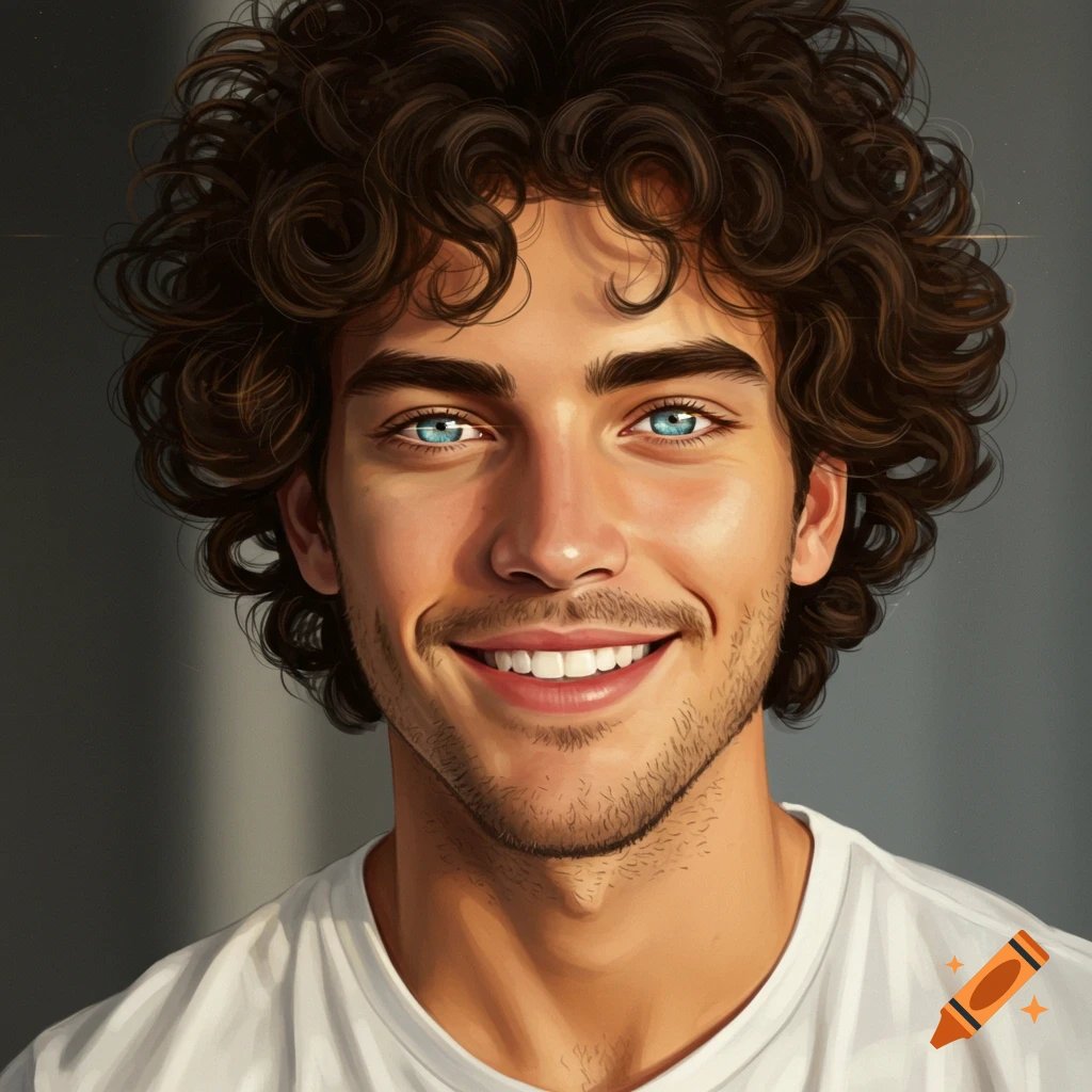 A portrait of a young man with curly brown hair and bright blue eyes smiling.