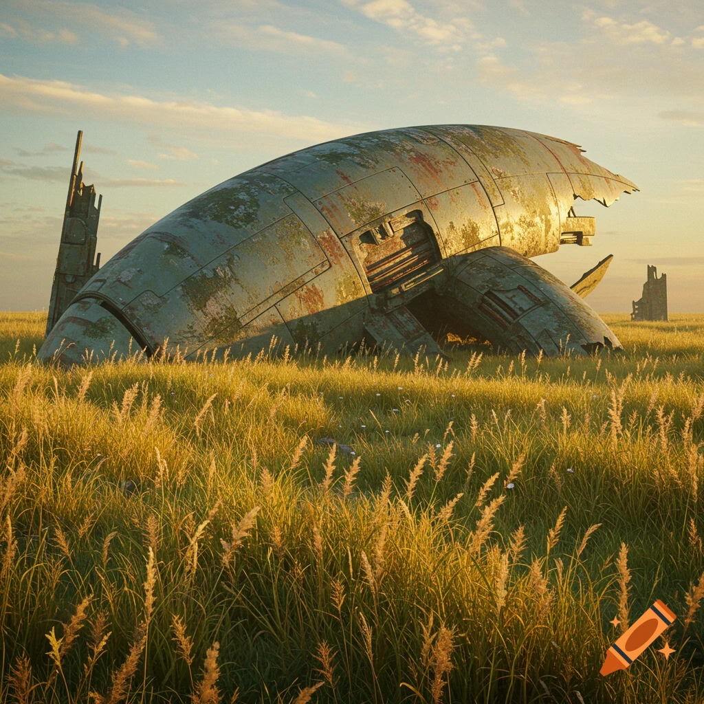 A large crashed spaceship lies in a field of tall grass at sunset. A ruined building is in the distance.