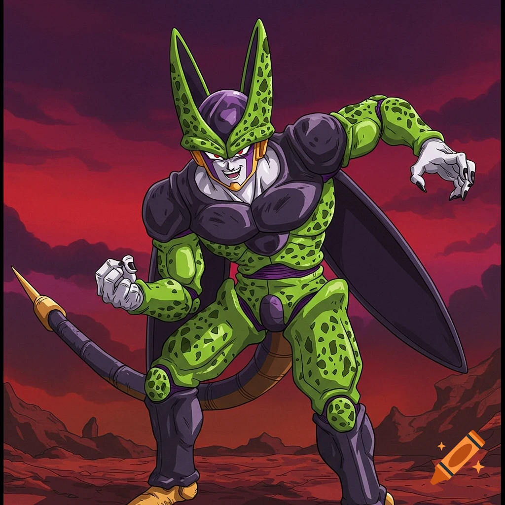 Perfect Cell from Dragon Ball Z standing in a landscape under a red sky, anime style.