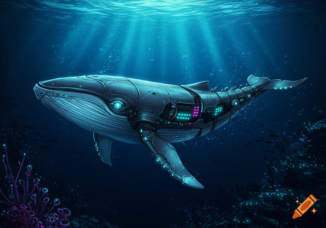 A detailed image of a cyborg whale swimming underwater with light rays filtering from the surface.