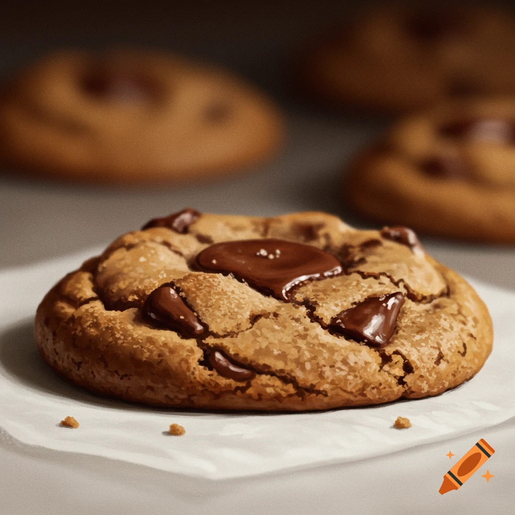 Close-up of a chocolate chip cookie on paper with blurred cookies in the background, photorealistic style.