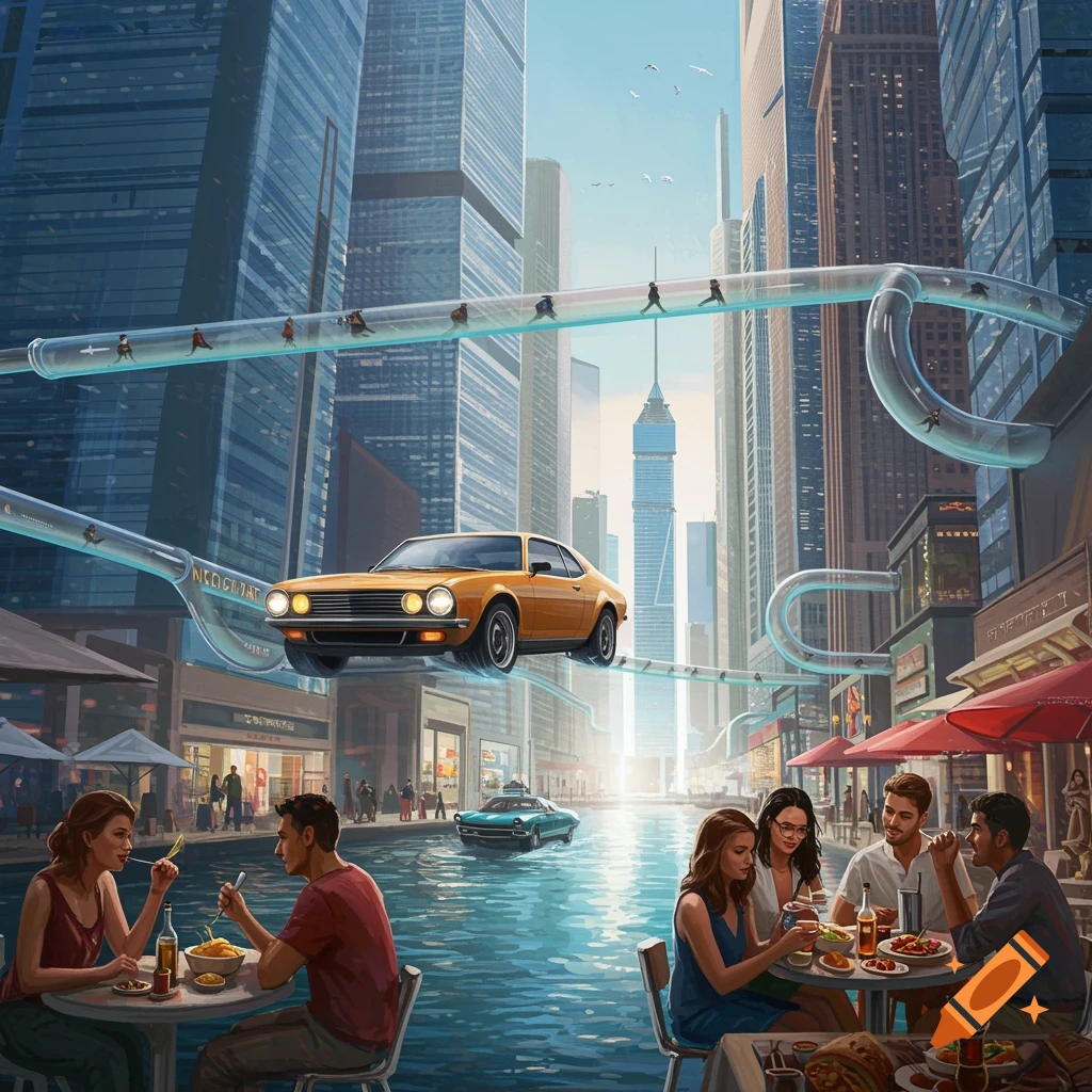 Futuristic city scene with a flying car, elevated glass tubes transporting people, and people eating outside by a canal.
