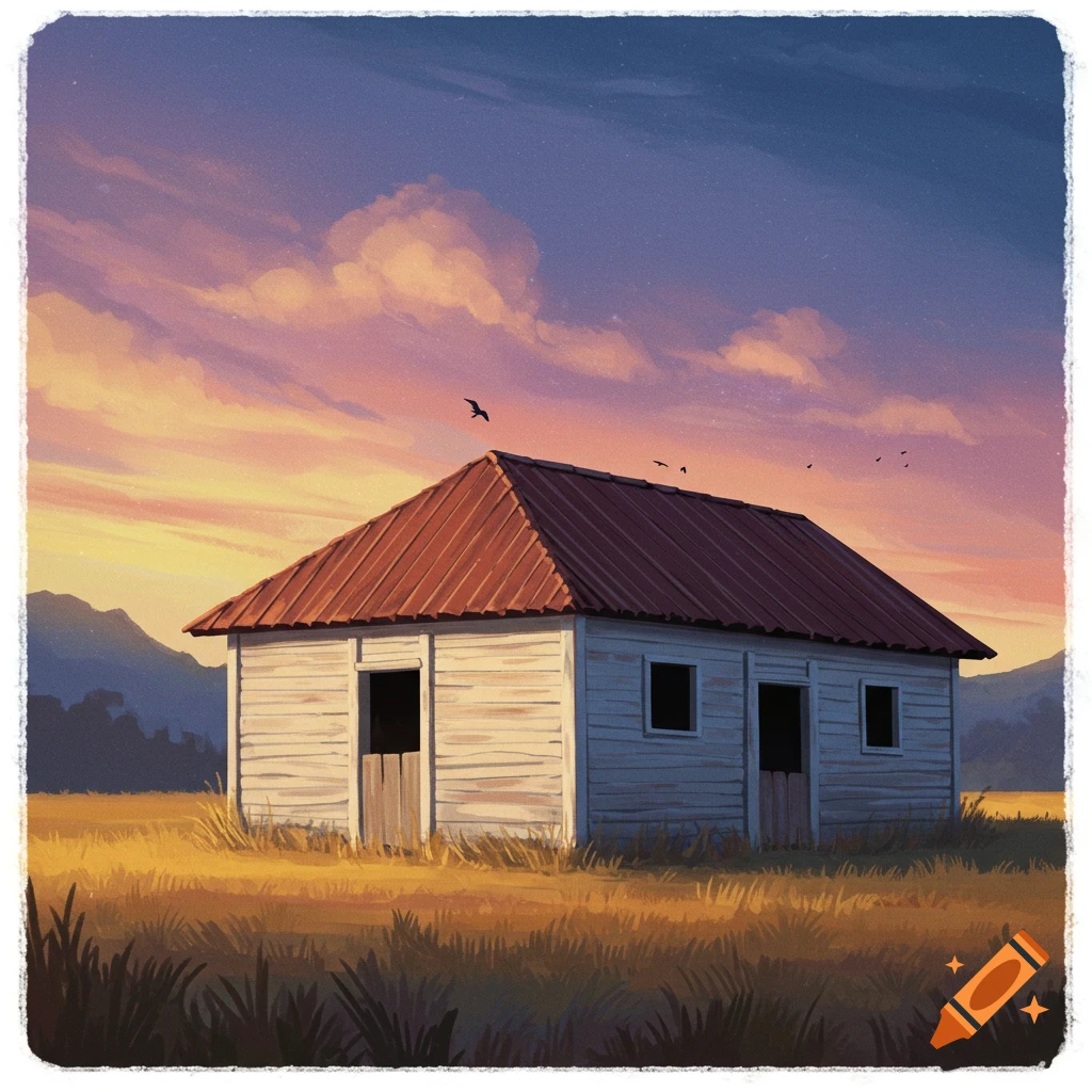 A small white house with a red roof stands in a golden field at sunset with birds in the sky and mountains in the distance. Stylized illustration.