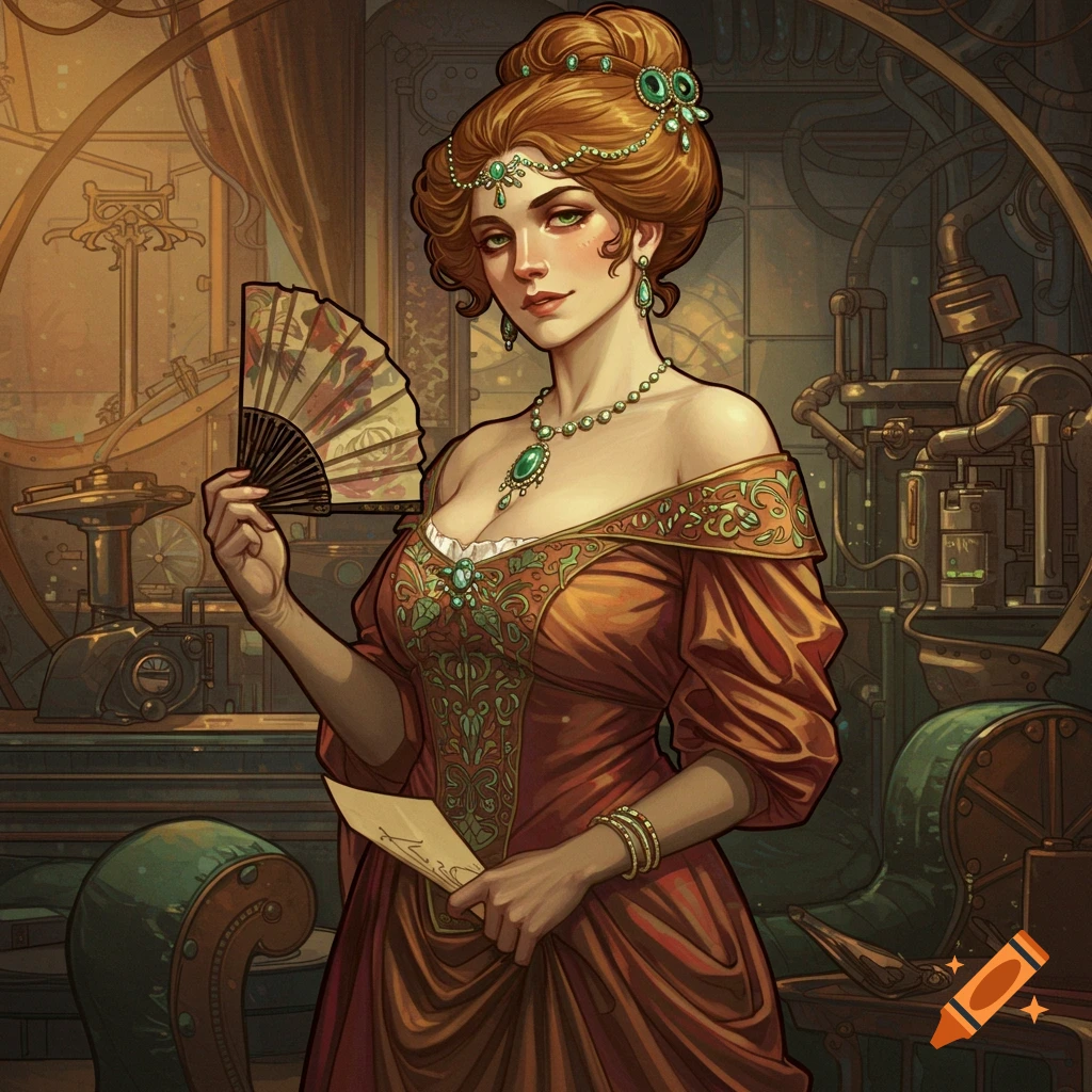 Illustration of a woman in an ornate steampunk dress holding a fan and paper in an industrial interior.
