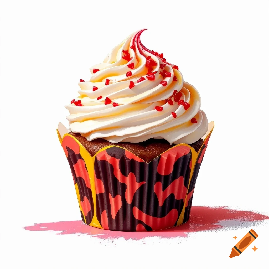A cupcake with white frosting, red sprinkles, and a patterned wrapper on a white background.