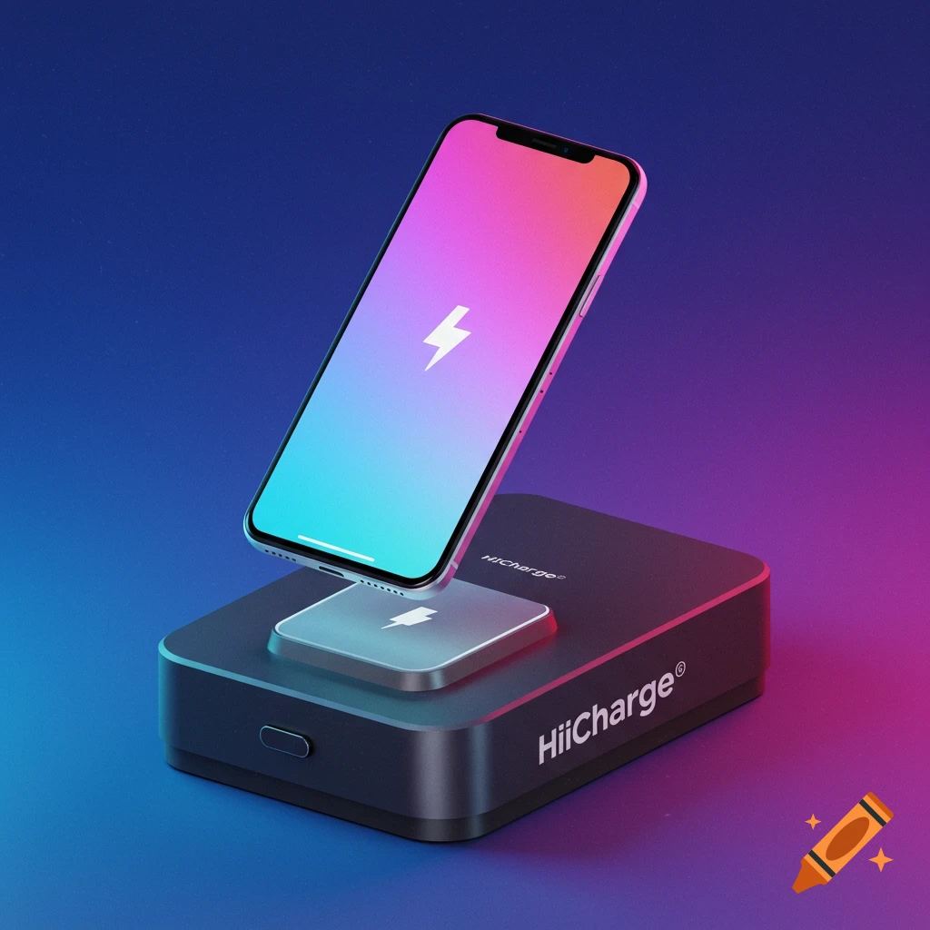 A smartphone levitates above a dark charging station against a blue and pink gradient background.