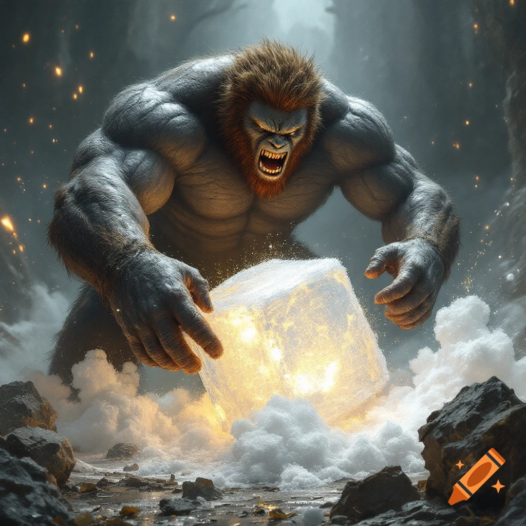 A large, muscular creature similar to a yeti or bigfoot roars while holding a glowing, icy cube in a snowy, rocky environment.