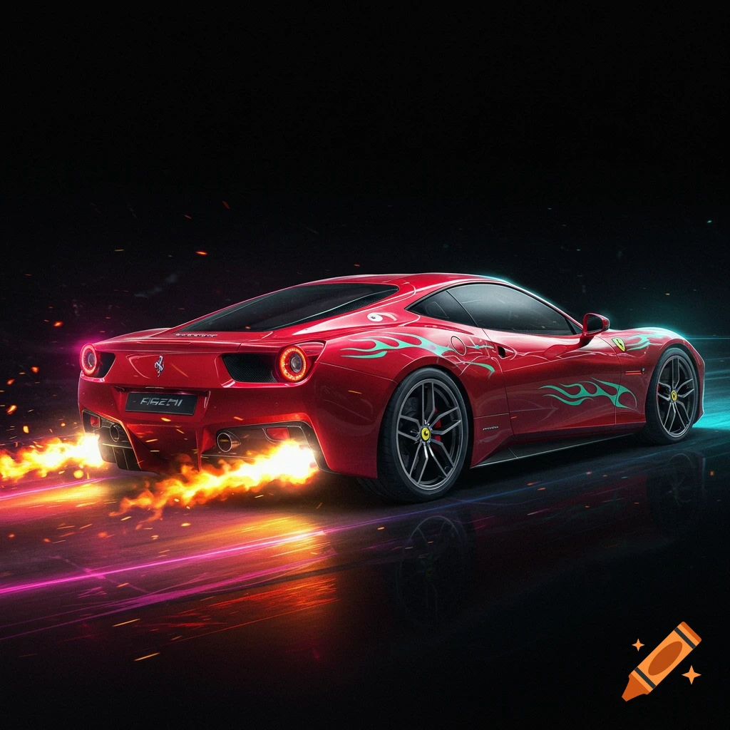 Red sports car with green flames and fire from exhaust, motion blur effect