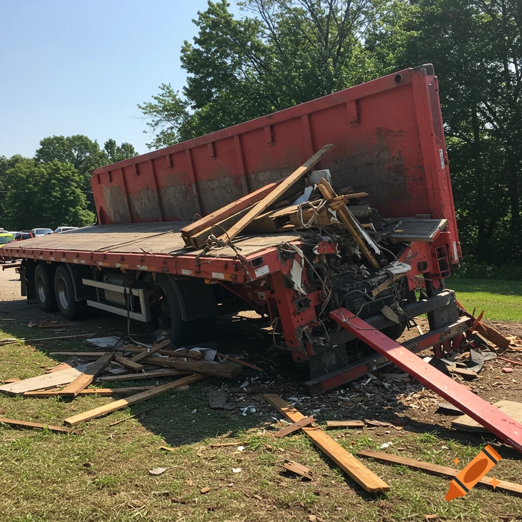 A red flatbed truck trailer sits damaged on the grass with debris after an accident.