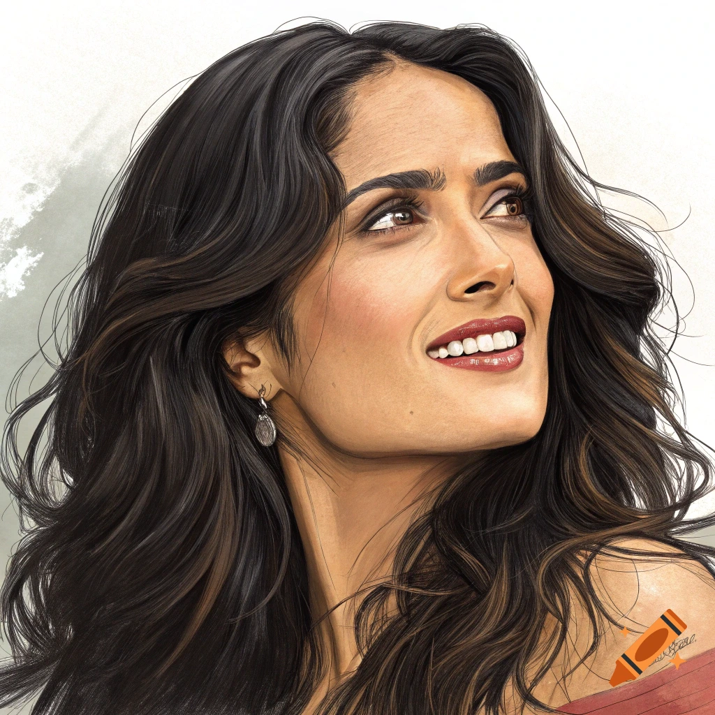 Illustrative portrait of Salma Hayek looking up and smiling.