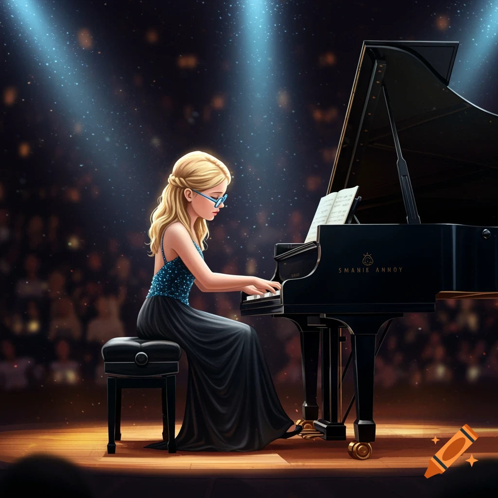 Young girl with glasses plays grand piano on stage under spotlights.