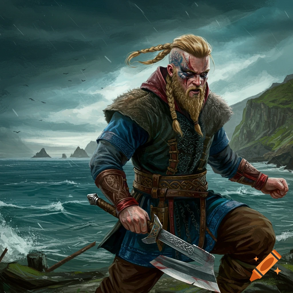 Illustration of a fierce Viking warrior with a sword standing on a rocky shore in a storm.