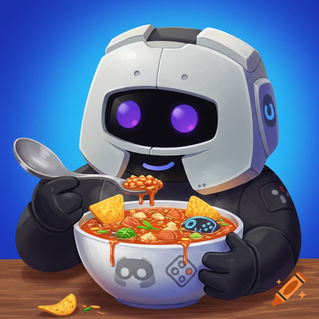 Cartoon robot eating soup from a bowl with gaming logos