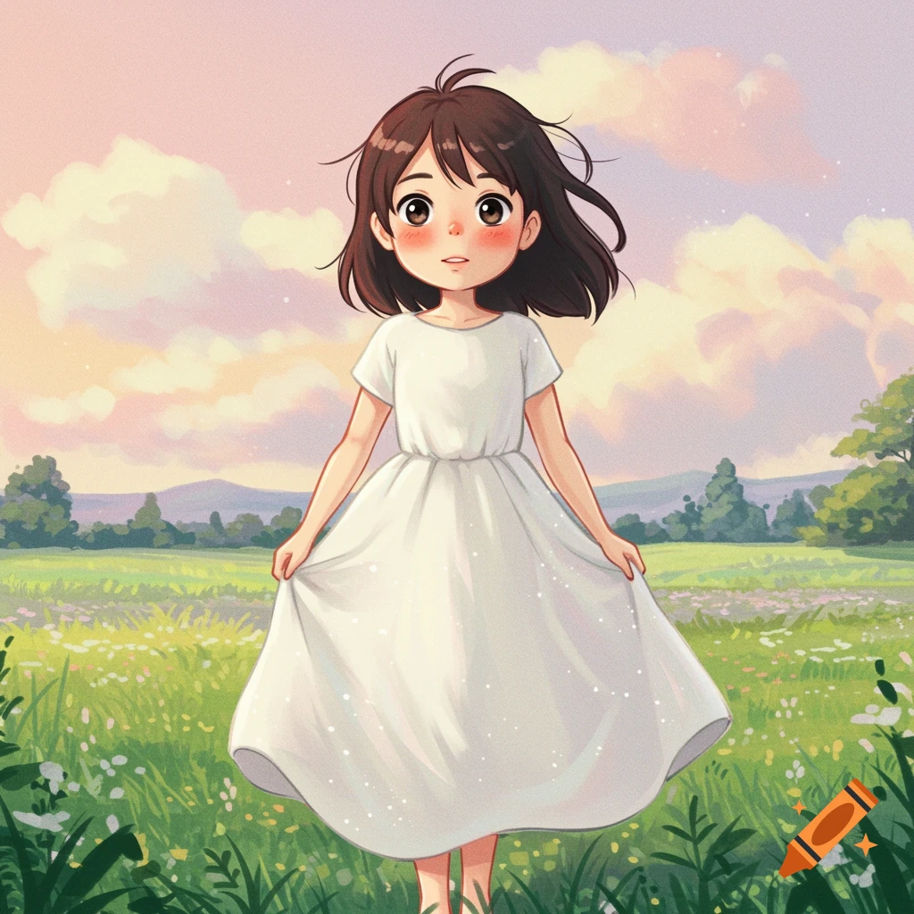 Anime girl in white dress standing in a flower field at sunset, Ghibli style.