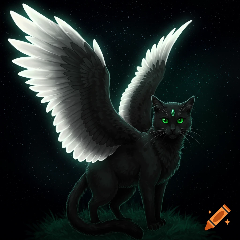 A black cat with large white wings and glowing green eyes stands in the dark against a starry sky.