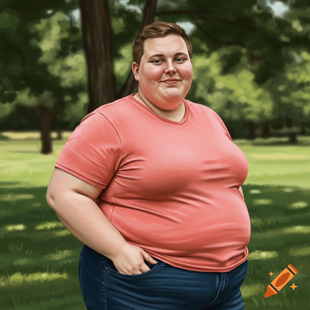 A person in a pink shirt and jeans stands in a park with a hand in a pocket.
