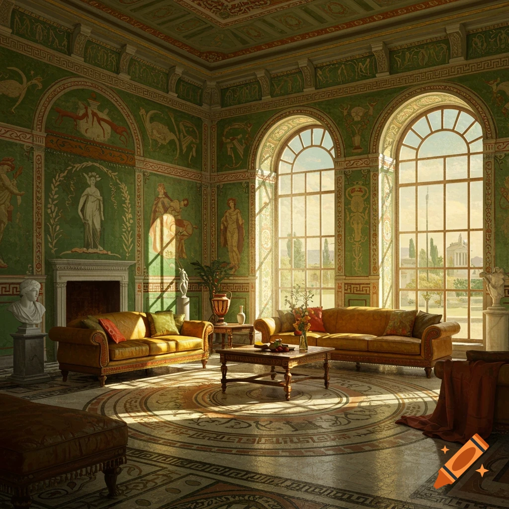 A lavish Roman-style living room with green frescoed walls, large arched windows, yellow sofas, and an intricate mosaic floor.