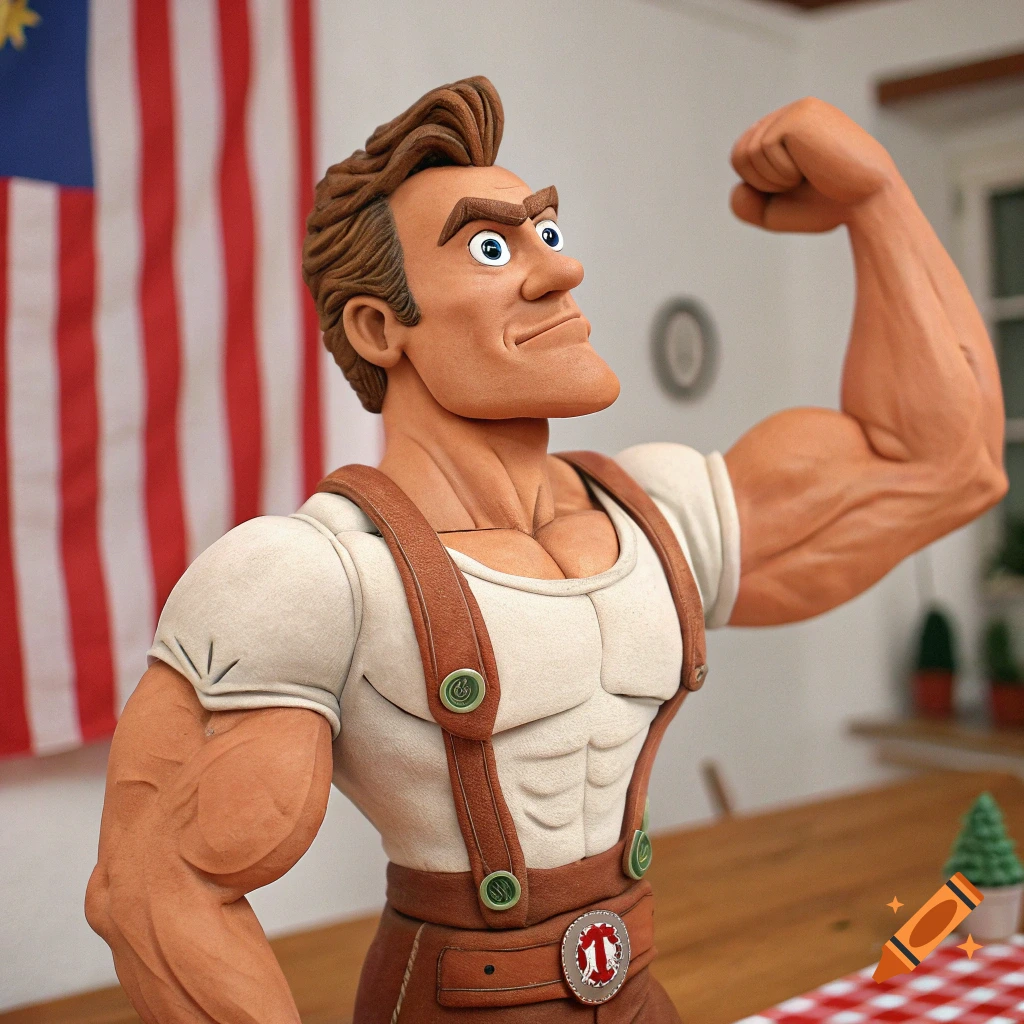 Claymation figure of a muscular man flexing, wearing suspenders, in front of an American flag.