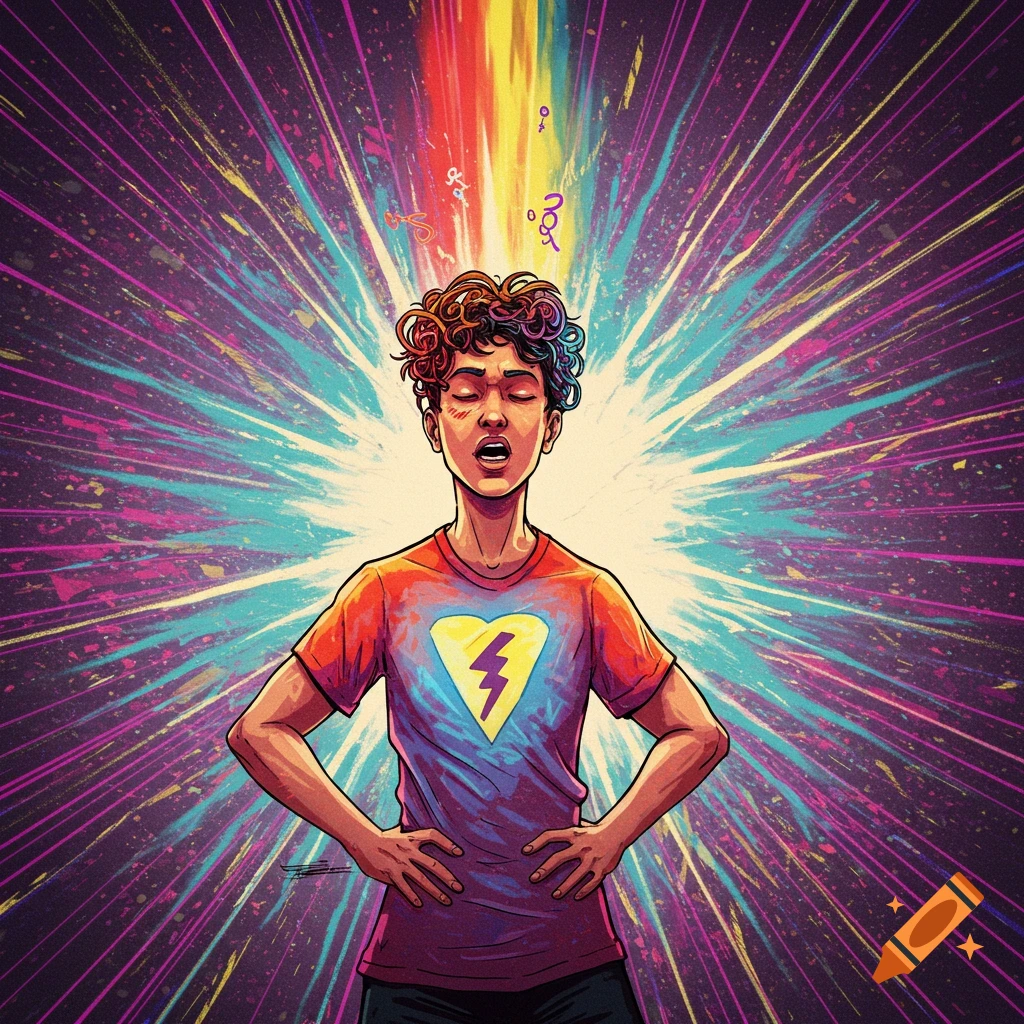 Person with eyes closed and mouth open, with colorful energy and light bursting from their head in a vibrant, stylized illustration.