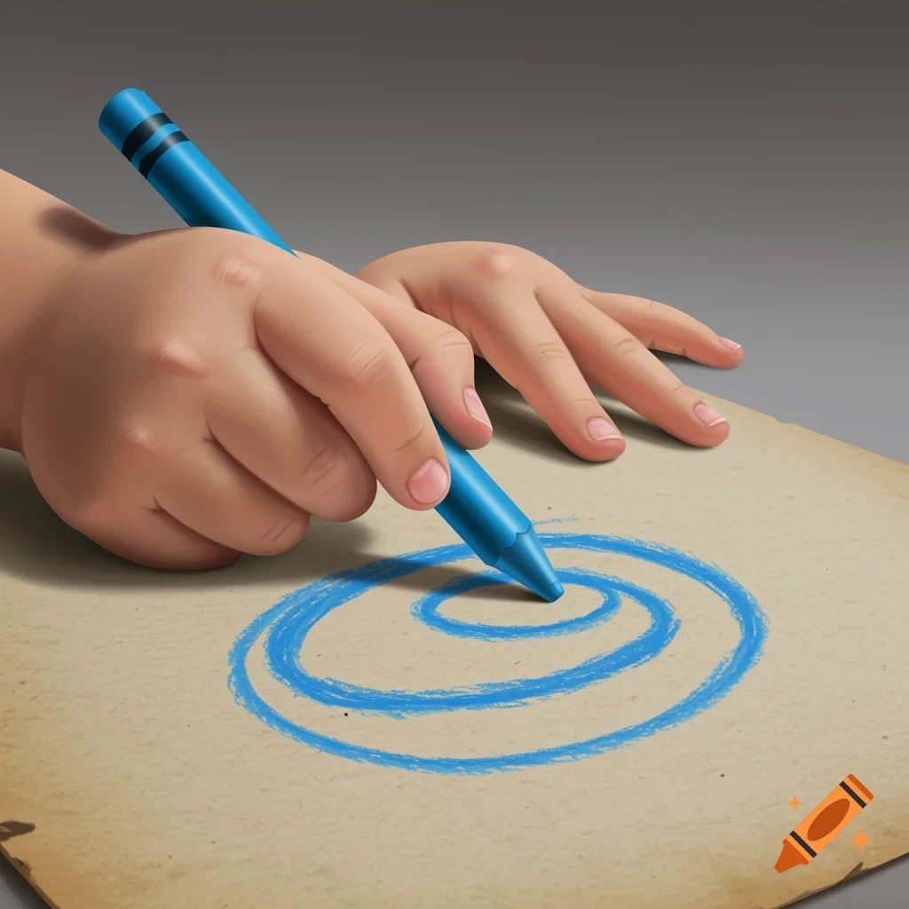 Child's hands draw a blue spiral with a crayon on paper, in a 3D style.