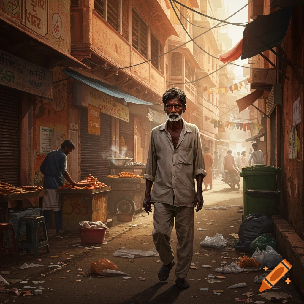 Photorealistic image of an Indian man walking down a busy street market with food stalls.