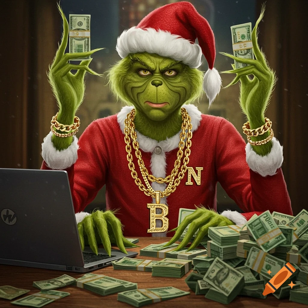 The Grinch in a Santa suit wearing gold chains, holding money, sitting at a table with a laptop and large stacks of cash in a realistic art style.