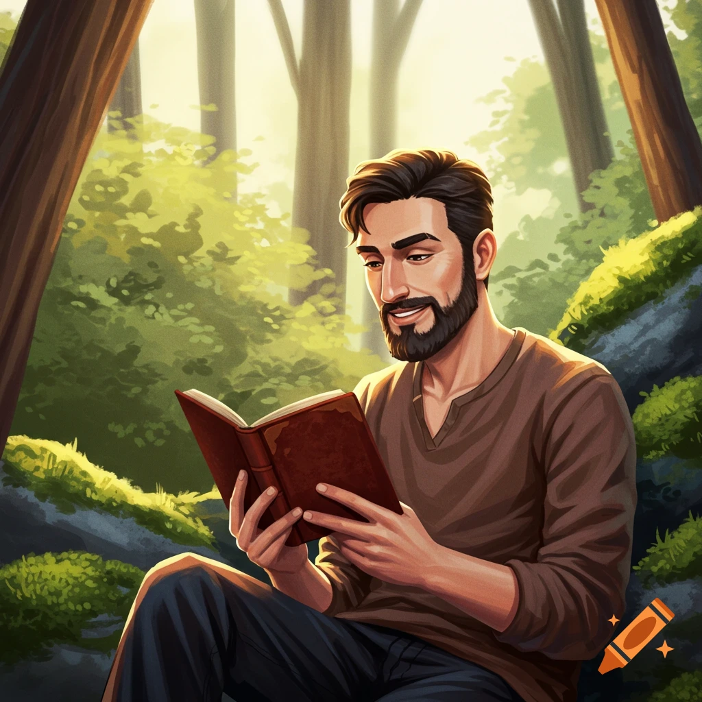 Illustration of a man reading a book in a sunlit forest.
